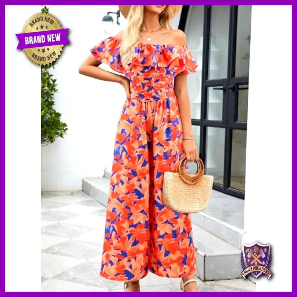 Floral Wide Leg Jumpsuit with Pockets, Square Neck, Ruffle Sleeves, Summer